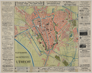 217086 Plattegrond van de stad Utrecht, met rondom de kaart advertenties van plaatselijke middenstanders.